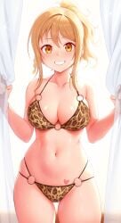 1girls bikini blonde_hair breasts cleavage cute female grin hi_res large_breasts leopard_print leopard_print_bikini light-skinned_female light_skin long_hair love_live! love_live!_nijigasaki_high_school_idol_club miyashita_ai orange_eyes smile string_bikini thighs thong thong_bikini unsfrau