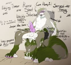 absurd_res anthro arms_tied ball_gag big_ears big_tail bishopi blindfold blush bodily_fluids body_writing bound claw_marks collar condom cum english_text erection filled_condom floppy_ears fluffy fluffy_chest fluffy_tail fur gag genital_fluids genitals green_body hi_res hybrid knot lagomorph leporid lop_ears male mammal messy pawpads penis procyonid purple_pawpads purple_penis rabbit raccoon rurik_carpenter sexual_barrier_device shaking solo tail text trembling writing_on_thigh writing_on_wall