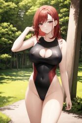 ai_generated black_swimsuit boob_window female forest_background girl nipples poking_nipples red_eyes solo swimsuit