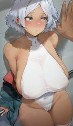 1boy 1girls against_wall aqua_eyes blue_eyes blush breasts dark-skinned_female dark_skin female gundam gundam_suisei_no_majo highleg_leotard hourglass_figure huge_breasts kabedon kurowa large_breasts leotard male male_pov medium_hair pov secelia_dote solo_focus tan tan-skinned_female tanned_skin thick_thighs white_hair wide_hips