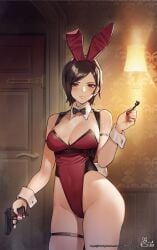 1girls ada_wong blush brown_eyes brown_hair bunny_ears bunnysuit capcom detached_collar female female_only gun legband looking_at_viewer neck_ribbon resident_evil resident_evil_4 resident_evil_4_remake siriuflong smiling smiling_at_viewer solo thick_thighs thigh_squish wrist_cuffs