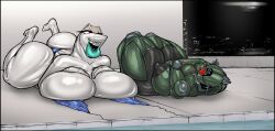 2022 2girls aeromorph aircraft anthro areolae ass assaultron big_ass big_breasts bikini braces breasts chely_(titan97) eva_(necrojaxx) f-18 fallout female female_only huge_breasts living_machine multiple_girls nipples nolollygagging original_character pool robot swimsuit