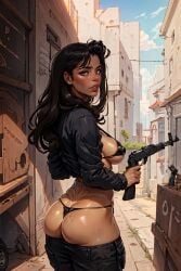 1girls ai_generated big_breasts big_penis black_hair bubble_butt curvaceous curvy_body curvy_female female_focus female_only gun huge_breasts long_hair looking_at_viewer mafia solo_female solo_focus stable_diffusion voluptuous voluptuous_female