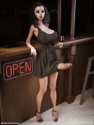 1futa 3d big_breasts big_penis black_dress bottomless buttercoat clothed clothing dress futa_only futanari high_heels huge_cock mostly_clothed open_sign solo solo_futa standing wine wine_glass