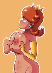 1boy 1girls alternate_breast_size breasts brown_background female female_focus large_breasts male mario_(series) nintendo nipples nude paizuri perpendicular_paizuri princess_daisy robveemo simple_background veemo_artist