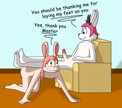 anthro devon_littlepaws dominant duo english_text erection feet female footrest genitals hare hi_res lagomorph leporid lucy_(lucyhaupdarsteller) lucyhaupdarsteller male male/female mammal master penis petplay rabbit roleplay slave submissive text