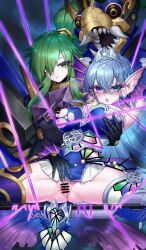 2girls alternate_eye_color armpits bar_censor blue_eyes blue_hair bondage bound breasts censored corruption dress duel_monster el_shaddoll_winda female female_only fins green_eyes green_hair groping head_fins heterochromia high_ponytail highres large_breasts long_hair multiple_girls novelty_censor open_mouth pink_eyes pussy pussy_juice revision spread_legs spread_pussy tearlaments_kitkallos thighhighs thighs tiara wide_spread_legs winda_(yu-gi-oh!) yu-gi-oh! yuri yutou_yutou_yu