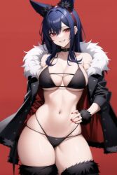 ai_generated animal_ear_headwear animal_ears bikini blue_hair fur_coat fur_leggings red_eyes skin smile