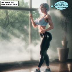 ai_generated big_ass big_breasts big_butt blue_eyes cougar curvy english_text fit_female fog gym mature_female milf neighbor silver_hair stable_diffusion standing sweat tank_top the-gx