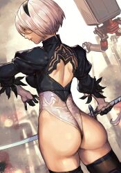 1girls ass ass_focus back back_cutout back_view black_thighhighs blue_eyes breasts clothing_cutout female gloves highleg highleg_leotard hungry_clicker katana legwear leotard light-skinned_female medium_breasts nier:_automata nier_(series) no_pants outside pod_(nier) puffy_sleeves robot short_hair sideboob solo sword thighhighs thighs thong_leotard weapon white_hair yorha_2b