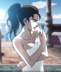 1girls bathroom battle_tendency brown_hair closed_eyes closed_mouth covered_nipples covering_breasts david_productions female female_only hirohiko_araki jojo's_bizarre_adventure lisa_lisa mature_female ponytail screenshot solo towel