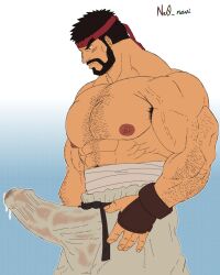 balls bara beard big_balls big_penis boner capcom chest_hair erection erection_under_clothes facial_hair headband male male_only muscles muscular muscular_male ne0_navi pants penis precum precum_through_clothing ryu_(street_fighter) solo solo_male street_fighter