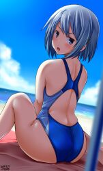 artist_name ass ass ass_focus back beach big_ass big_butt blue_hair blue_one-piece_swimsuit blue_sky blush blush blush_lines blushing_at_viewer breasts butt_focus cloud collarbone competition_swimsuit cowboy_shot dated day female hair_between_eyes hairband highres human human_only looking_at_viewer looking_back magia_record:_mahou_shoujo_madoka_magica_gaiden mahou_shoujo_madoka_magica miki_sayaka one-piece_swimsuit open_mouth parasol puella_magi_madoka_magica sand short_hair sitting sky small_breasts solo solo_female solo_focus swimsuit thighs towel tsuchimiya umbrella water