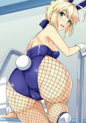 1girls ass ass_focus blonde_hair breasts bunny_ears bunny_girl bunnysuit fate_(series) fishnets haruhisky saber solo tagme