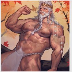 abs bara biceps big_penis chiris_110 dilf elden_ring fromsoftware godfrey_first_elden_lord male male_only muscular muscular_male pubic_hair see-through_clothing topless white_hair