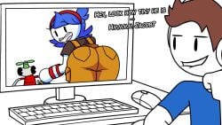 1boy 1boy1girl 1girls alpharad amazing_island ass ass_focus big_ass big_butt blue_hair brown_hair butt computer fat_ass fat_butt female fully_clothed huge_ass huge_butt jaiden jaiden_animations looking_back male semidraws text thick_ass thick_butt unknown_species video_call youtube youtuber youtuber_boy youtuber_girl