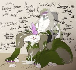 absurd_res anthro arms_tied ball_gag big_ears big_tail bishopi blindfold blush bodily_fluids body_writing bound claw_marks collar condom cum cum_pooling edging english_text erection filled_condom floppy_ears fluffy fluffy_chest fluffy_tail fur gag genital_fluids genitals green_body hi_res hybrid kiss_mark_on_balls knot lagomorph leporid lop_ears male male_only mammal messy pawpads penis procyonid purple_pawpads purple_penis rabbit raccoon rurik_carpenter sexual_barrier_device shaking solo tail text trembling writing_on_thigh writing_on_wall