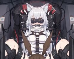 2girls amiya_(arknights) animal_ear_fluff animal_ears arknights bit_gag blindfold bondage bound breasts brown_hair cat_ears covered_eyes drooling fangs female female_only gag gagged grey_hair implied_cunnilingus kitsuko_(14214373) long_hair long_sleeves medium_breasts multiple_girls orange8619 out-of-frame_censoring rabbit_ears restrained rosmontis_(arknights) saliva sitting solo_focus spread_legs stationary_restraints straitjacket very_long_hair yuri