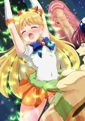 big_breasts big_penis bishoujo_senshi_sailor_moon blonde_hair blue_eyes blue_ribbon blush bow brutal censored clothed_sex clothing cum_inside forced gold_earrings gold_tiara long_hair minako_aino orange_shirt pain rape red_ribbon sailor_venus skirt small_breasts urapiyo uterus uterus_penetration white_gloves