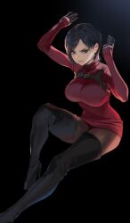 ada_wong asian asian_female big_breasts biohazard boots capcom female female_only gloves hands_up high_heel_boots pantyhose red_clothing red_dress resident_evil resident_evil_4 resident_evil_4_remake short_dress shoulder_holster sweater sweater_dress thick_thighs thigh_boots thighhigh_boots tight_dress upskirt yakiuni