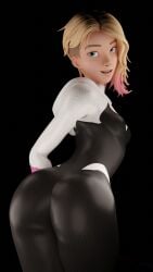 1girls 3d ass ass ass_focus blender blonde_hair blue_eyes clothing female female_focus female_only fortnite greyarea55 gwen_stacy looking_at_viewer looking_back marvel small_breasts smile solo spider-gwen spider-man_(series)