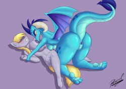 3_toes 5_fingers 5_toes absurd_res anthro anthro_on_anthro anus areola ass ass_up big_breasts blonde_hair blue_areola blue_body blue_nipples blue_scales blue_skin blush breasts curled_horn cutie_mark derpy_hooves digital_media_(artwork) digitigrade dragon equid equine feet female female/female fingers friendship_is_magic genitals grey_areola grey_body grey_nipples grey_skin hair hasbro hi_res horn horse humanoid_feet humanoid_hands long_tail lying mammal membrane_(anatomy) membranous_wings my_little_pony nipples on_back pawpads plantigrade pony princess_ember_(mlp) pussy red_eyes reminic scales small_breasts spikes tail toes wings yellow_tail