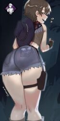 1girls ass blush brown_eyes brown_hair clothed dead_by_daylight hat looking_back low-angle_view nazunita open_mouth presenting rebecca_chambers resident_evil short_hair smile solo standing thick_thighs thumbs_up xininz