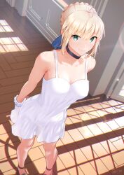 1girls :) ahoge artoria_pendragon bare_shoulders blonde_hair chest choker cuffs dress dutch_angle fate/stay_night fate_(series) female female_only green_eyes hair_ribbon hands_behind_back light-skinned_female looking_at_viewer looking_up looking_up_at_viewer nanahime shoes short_hair smile smiling_at_viewer solo standing tied_hair white_dress