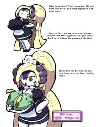 anthro blonde_hair breast_feeding breast_sucking chabble fake_breasts furry green_eyes gulpin indeedee inside_clothing long_hair lusamine_(pokemon) maid_headdress maid_uniform pokémon_(species) pokemon pokemon_sm pokemon_ss post_transformation transparent_background