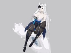 big_breasts curvy epic7 furry leggings mask peira_(epic7) shoulders thick_thighs white_hair wolf wolf_ears wolf_girl