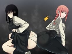2girls artist_request ass big_ass black_hair bubble_ass bubble_butt chainsaw_man female huge_ass light-skinned_female light_skin looking_at_viewer makima_(chainsaw_man) panties pants red_hair scar school_uniform siblings simple_background sisters smiling_at_viewer source_request squatting twerking yellow_eyes yoru_(chainsaw_man)
