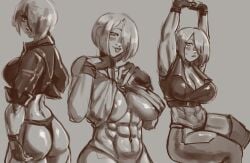 1girls abs angel_(kof) areola_slip ass big_ass big_breasts breasts female fingerless_gloves jacket king_of_fighters leggings muscular muscular_female shirt_lift snk stretching thong titobeansz tongue_out