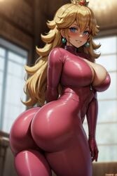 1girls ai_generated amiral_ai ass big_breasts blonde_hair blue_eyes bodysuit boobs_and_butt_pose breasts cleavage clothing dat_ass female female_only hips huge_ass huge_breasts indoors long_hair looking_at_viewer looking_back mario_(series) nintendo partially_unzipped pink_bodysuit princess princess_peach slim_waist smile solo standing thick_thighs thighs tight_clothing voluptuous wide_hips