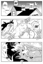 1boy 1girls arms_around_partner ass big_ass big_breasts bite_mark black_and_white blush breasts chichi comic dragon_ball dragon_ball_super dragon_ball_z ear_piercing funsexydragonball monochrome page_27 sex son_goku