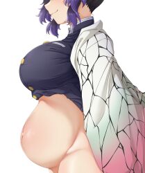 1girls big_breasts black_hair bottomless demon_slayer eyes_out_of_frame female female_only haori kimetsu_no_yaiba kochou_shinobu milkfrommilking pregnant profile purple_hair shirt_up smile solo two_tone_hair uniform