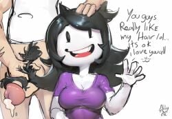 allybun bangs big_penis bomb-h female_focus fully_clothed hair hairjob hand_on_head jaiden jaiden_animations long male masturbation no_pants penis precum smile text white_skin youtube youtuber