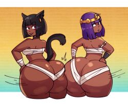 2d 2girls ass_cleavage black_hair blue_eyes bob_cut bumping_asses butt_crack capcom cash_mummy cat_ears cat_tail catgirl crossover dark-skinned_female egyptian egyptian_headdress female female_only final_fantasy final_fantasy_xiv huge_ass hyper hyper_ass kujikawaii menat_(cosplay) menat_(street_fighter) miqo'te mummy mummy_costume purple_eyes purple_hair square_enix street_fighter street_fighter_v tagme yuri