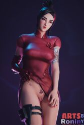 1girls 3d artsbyronin black_hair blender blush blush clothed clothing demi_(fortnite) dress dress_lift epic_games female female_focus female_only fortnite light-skinned_female light_skin looking_at_viewer mole_under_eye no_panties no_underwear presenting presenting_pussy prosthetic prosthetic_arm pussy pussy_lips pussy_peek red_eyes robotic_arm simple_background solo solo_focus tattoo tattooed_arm tattoos vagina watermark