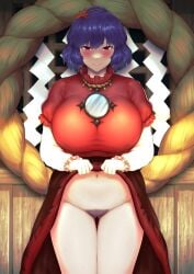 big_breasts blush blush_lines heart-shaped_pupils kanako_yasaka looking_at_viewer massive_breasts milf mountain_of_faith pov pubic_hair skirt skirt_lift skirt_up sweat sweatdrop sweating touhou yuugatou_(yuuzutu)