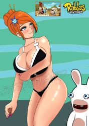 1girls anthro bikini blue_eyes grace_(rabbids_invasion) hairpin huge_breasts human orange_hair rabbid rabbids_invasion raving_rabbids stormhazard