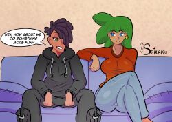 artist_logo artist_name artist_signature birgitte_(seikatsueclipse) blue_eyes comic_panel commission couch dark-skinned_female dark-skinned_male dark_skin green_hair imminent_sex oc original_character original_characters person_of_color seikatsueclipse