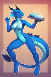 ai_generated anthro blue_body blue_scales breasts dragon dragoness east_asian_mythology eastern_dragon horns scalie scalie_female scalie_humanoid tea_set vagina