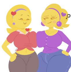 2girls ? accessory anthro ass ass_to_ass ass_visible_through_thighs asymmetrical_docking belly_button big_ass big_breasts blush blush_stickers breast_press breast_squeeze breast_to_breast breasts clothing earrings emoji_(race) emoji_milf emojifam_(sssir8) female female_only females females_only heart huge_breasts large_breasts mature_female milf mob_face moonraige moonstadew mother ms._bethany no_outlines ponytail question_mark slobbyslapper smile sssir sssir8 thick_thighs thigh_highs tight_clothing tight_pants top_heavy wide_hips yellow_body yellow_skin