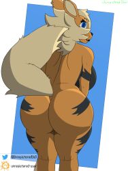 3:4 absurd_res anthro arcanine artist_name ass big_butt blue_eyes breasts canid canine curvy_figure ear_piercing facial_piercing female furaffinity furaffinity_logo generation_1_pokemon head_tuft hi_res lip_piercing lips looking_at_viewer mammal multicolored_body nintendo nude piercing pokemon pokemon_(species) rear_view shaded signature simple_background solo thick_bottom_lip thick_thighs tuft twitter twitter_logo unregistereduser voluptuous