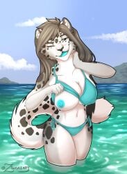 1girls animal_ears anthro bikini black_spots blue_eyes breasts clouds cyan_eyes cyan_mouth cyan_nipples cyan_tongue day daytime ear felid feline female female_only fluffy fluffy_tail fur furry furry_only grey_fur grey_hair hi_res lake looking_at_viewer mammal nipples oerba_yun_fang one_eye_closed open_mouth outdoors outside pantherine sky snow_leopard spots spotted_fur standing standing_in_water tail water white_fur winking winking_at_viewer zingazary