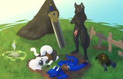 after_sex animal_genitalia animal_penis anthro armor ass balls big_balls black_body black_fur black_scales blaidd_(elden_ring) blue_body blue_eyes blue_scales bodily_fluids canine_genitalia canine_penis claws cum cum_on_butt cum_on_penis cum_on_tail elden_ring fence fluffy fluffy_tail fromsoftware fur fur_cloak genital_fluids genitals group hair hi_res horn knot knot_in_sheath long_hair looking_back looking_down looking_pleasured madalovin male male/male melee_weapon nude outside pawpads penis peppercorn_kiddo presenting presenting_hindquarters red_eyes reins saddle scales scars_all_over sheath size_difference sky sword tail trio video_games waiting weapon white_hair