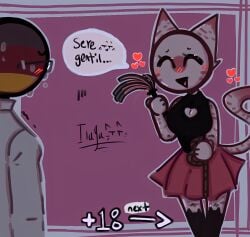 1boy 1futa breasts cat_ears cat_tail cat_thighighs catgirl countryhumans countryhumans_girl futanari germany_(countryhumans) glasses ilayajg japan_(countryhumans) purple_background rope skirt white_shirt