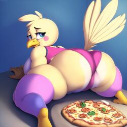 ai_generated anthro beak big_ass bird_feet blue_eyes cheese chicken chicken_girl chubby_female clothed edited eyebrows eyelashes female_only feta_cheese five_nights_at_freddy's fnaf in_bed leggings leotard looking_at_viewer looking_back lustful_gaze novelai overweight_female pepperoni_pizza pink_cheeks pink_leotard pizza pizza_crust pizza_on_pizza sauce spinach sweat sweaty_butt tail_feathers toy_chica_(fnaf) yellow_body