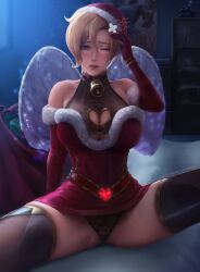 1girls 2018 absurd_res absurdres arm_at_side arm_support bell bell_collar blizzard_entertainment blonde_hair blue_eyes blush box bracelet breasts brown_legwear christmas christmas_outfit cleavage cleavage_cutout collar collarbone cross-laced_footwear dress elbow_gloves eyelashes female female_only female_pubic_hair fur_trim gift gift_box gloves hand_on_own_head hand_up hat heart high_resolution highres indoors jewelry large_breasts legwear limgae lined_gloves long_hair mercy one_eye_closed overwatch pink_lips poster_(object) pov pubic_hair red_dress red_hat red_headwear rework sack santa_hat sitting solo spread_legs strapless strapless_dress thighhighs trimmed_dress trimmed_hat wings