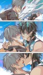 blush caelus_(honkai:_star_rail) cuppydraws dan_heng dan_heng_(imbibitor_lunae) dragon_form honkai:_star_rail horn kissing yaoi